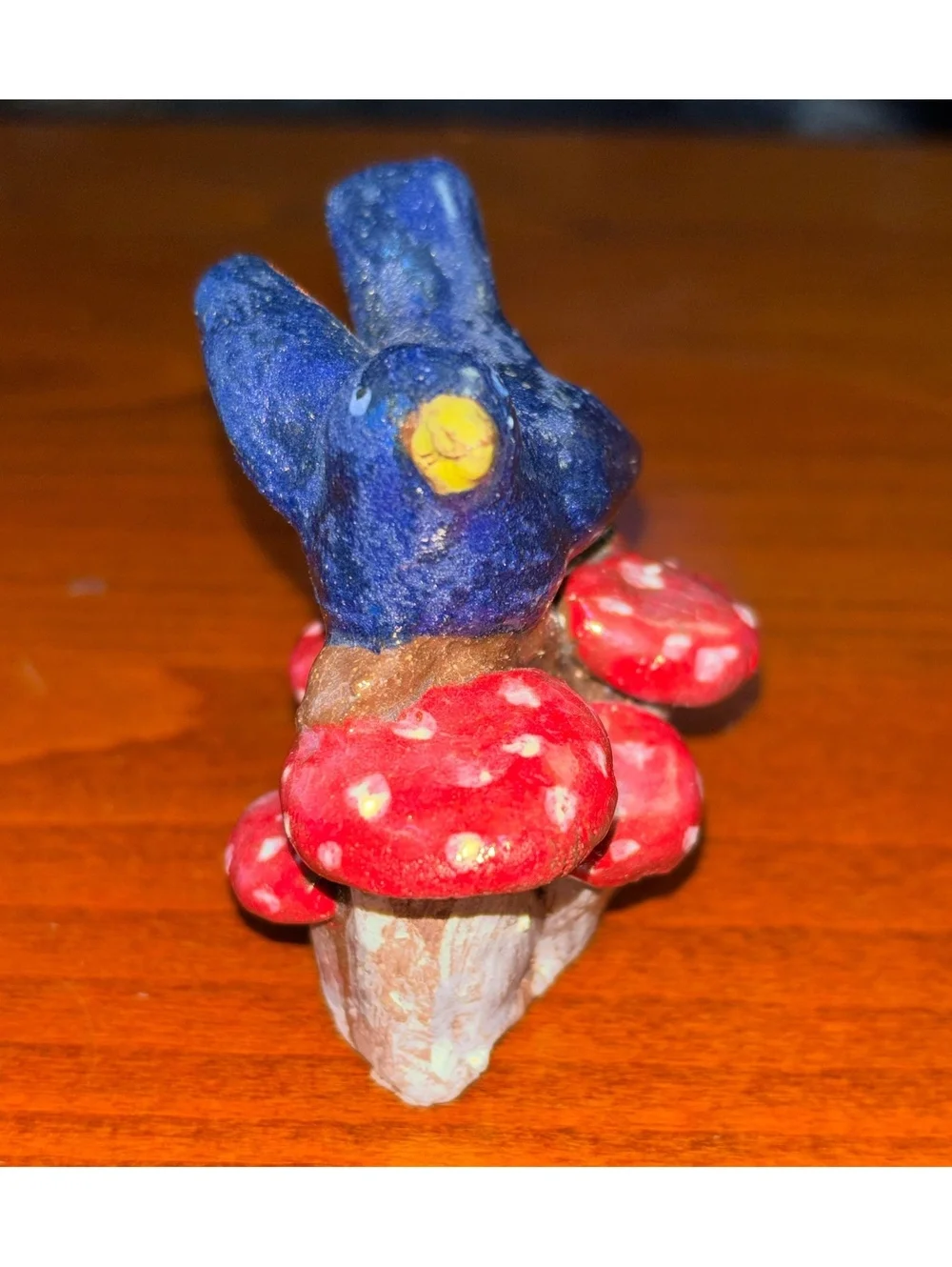Handmade Folk Art Pottery Blue Bird on Red Mushrooms Figurine Redware